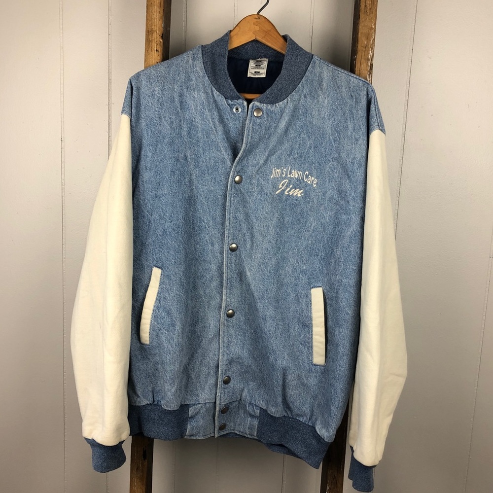 VTG Varsity Jean Jacket Stone Washed Logo 90's